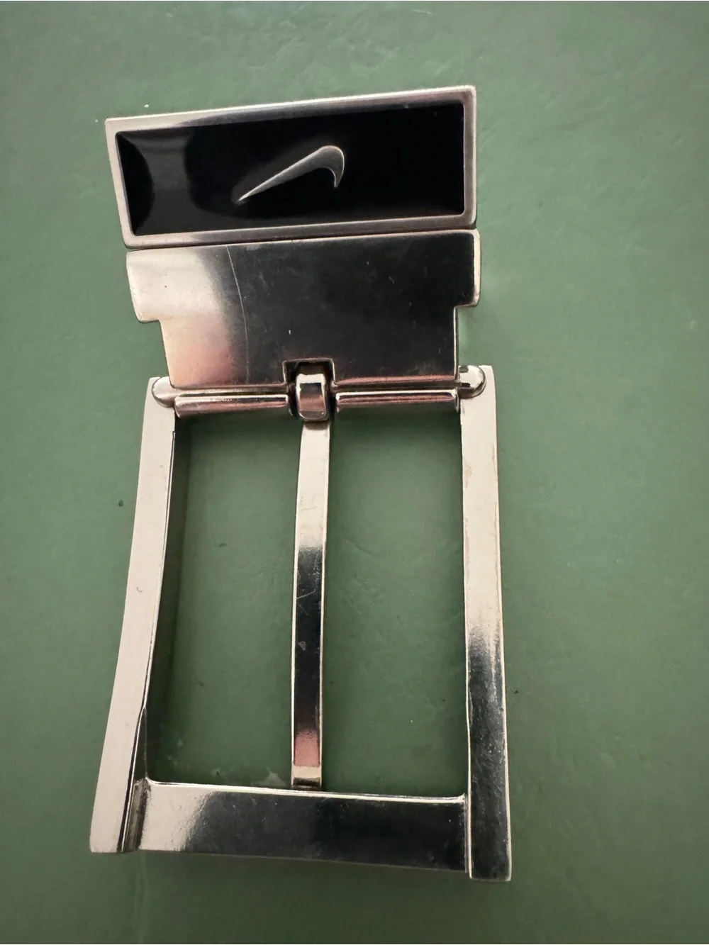 Nike Silver and Black Rectangular Belt Buckle with Swoosh